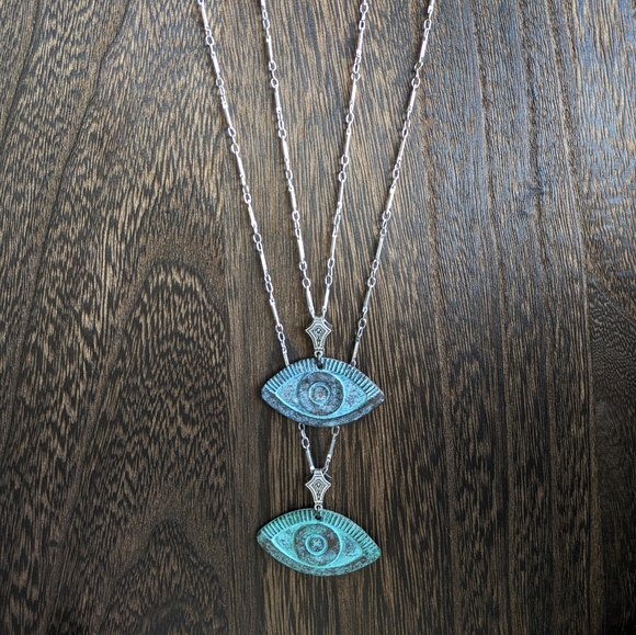 Green and Blue evil eye protection necklace, Handpainted patina eye necklace - Picture 7 of 9